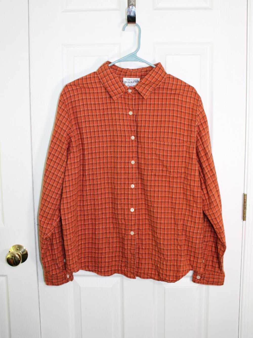 Womens Pendleton Orange Plaid 100% Cotton Long Sleeve Button-Down Shirt